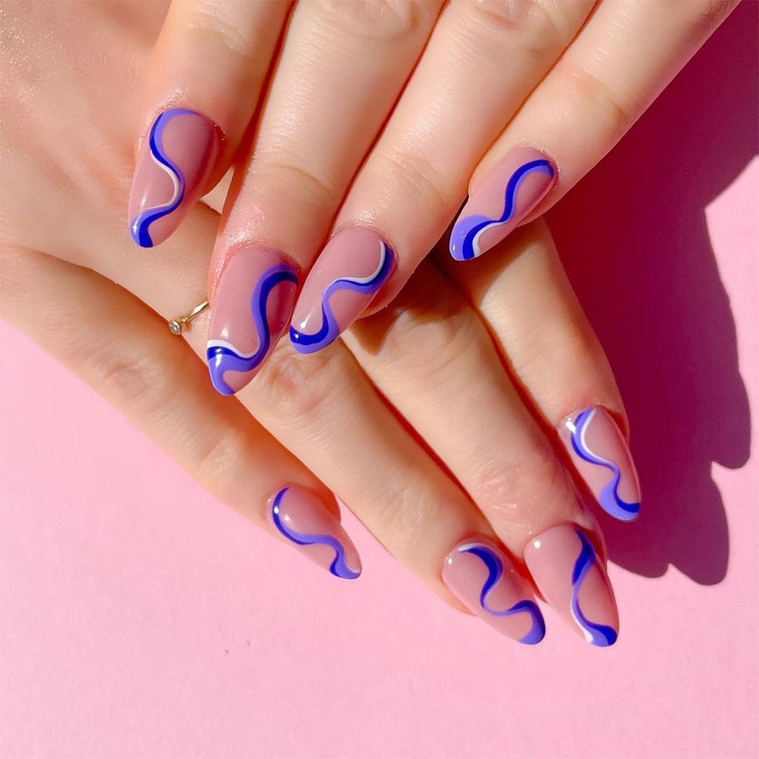 24 Pcs Pop Style Water Flow False Nails Summer Ocean Wave Design Ballet Press On Fake Nails Removable Manicure Decoration May12 515