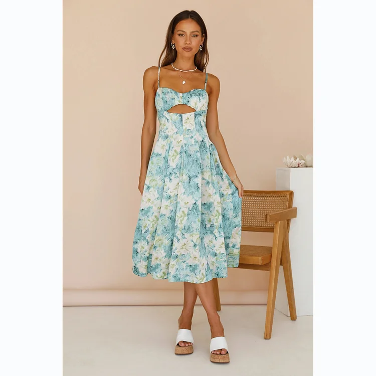 Chic Hollow Out Sexy Strapless Slip Dress For Women Summer Dresses 2022 New Backless Floral Print Sweet Swing Midi Dress