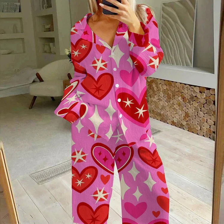 Women's Hearts Print Cotton Cardigan Homewear Set
