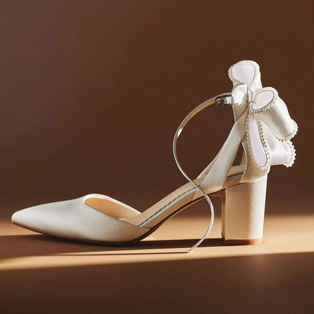 Ivory Satin Pearl Embellished Bow Ankle Strap Heeled Bridal Shoes Nicepairs