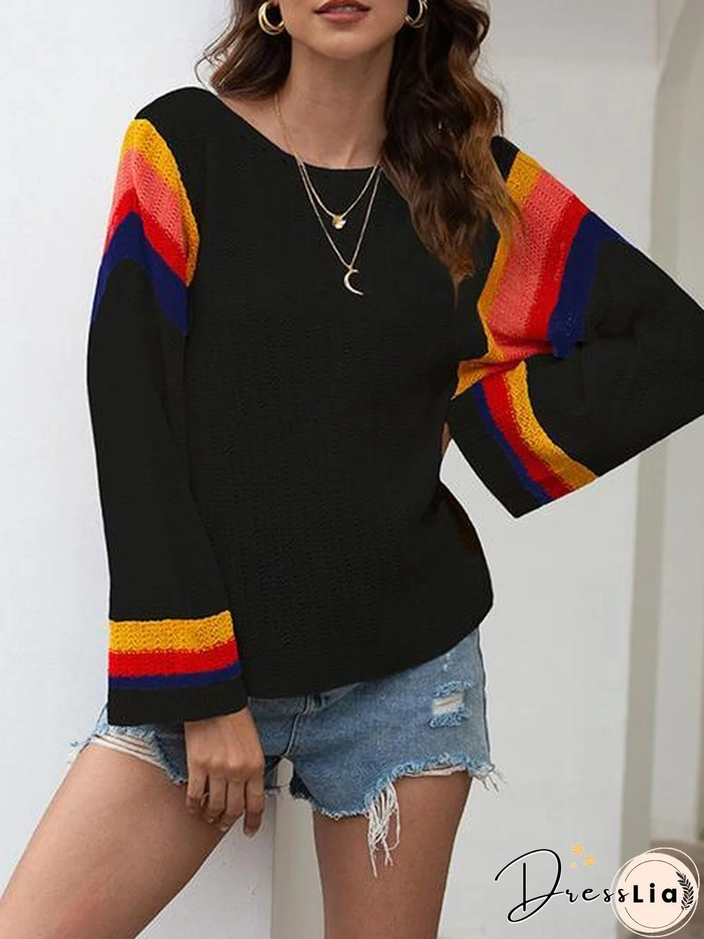 Stitched Print Loose Hollow Beach Sweater