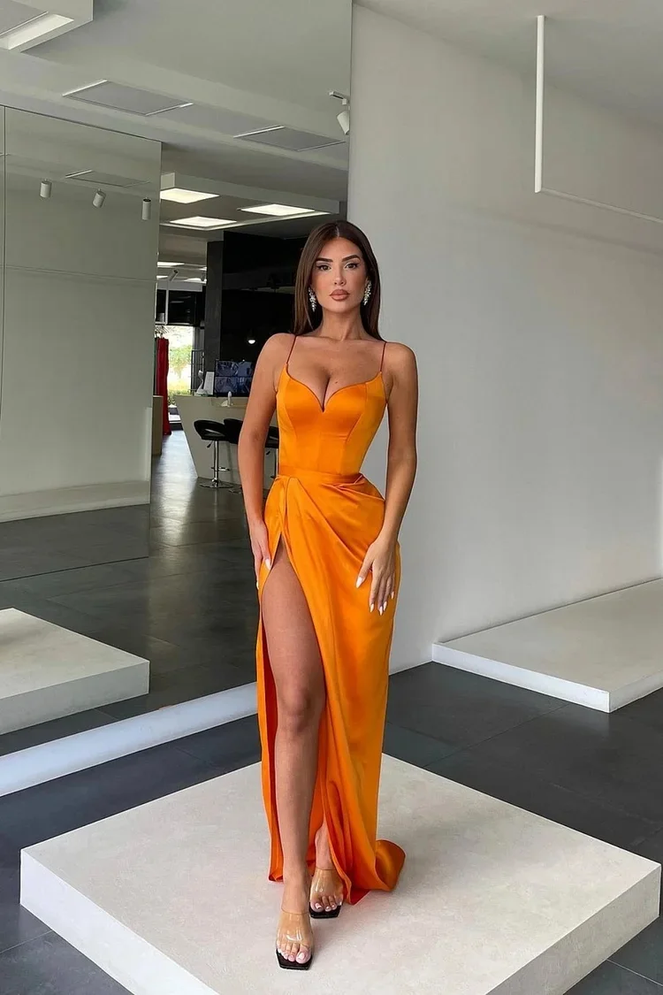 Lussooy Prom Dress Orange Charmeuse Sleeveless Spaghetti Strap 