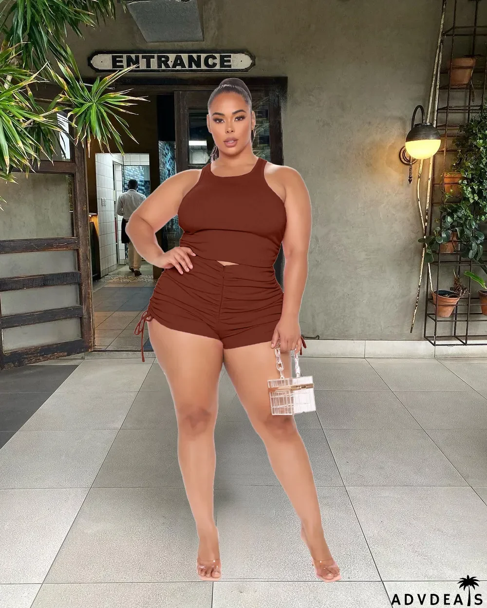 Plus Size Tank Tops And Ruch Shorts Two Piece Set