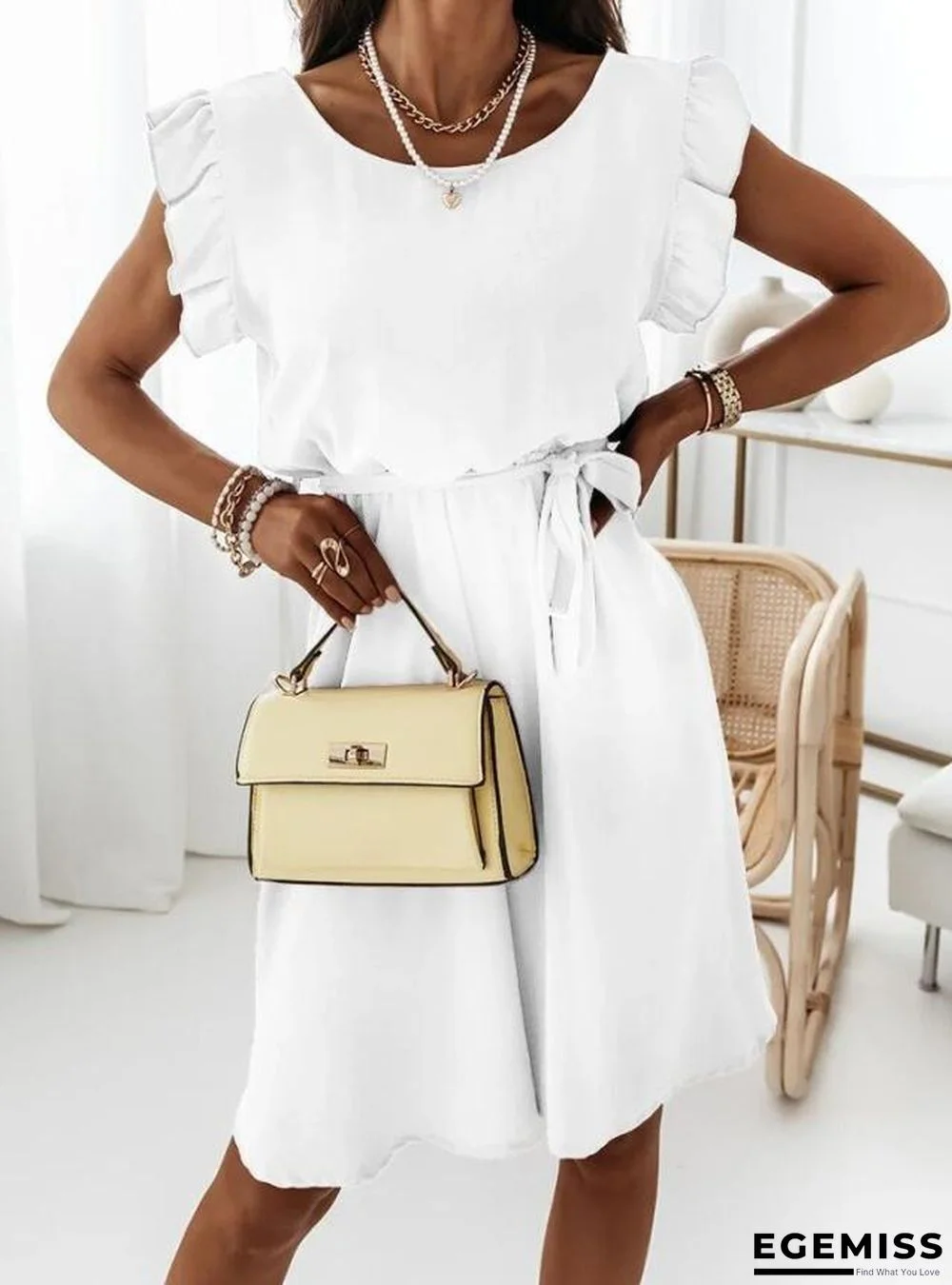 Stylish Solid-colored Waist Strappy Short-sleeved Dress | EGEMISS