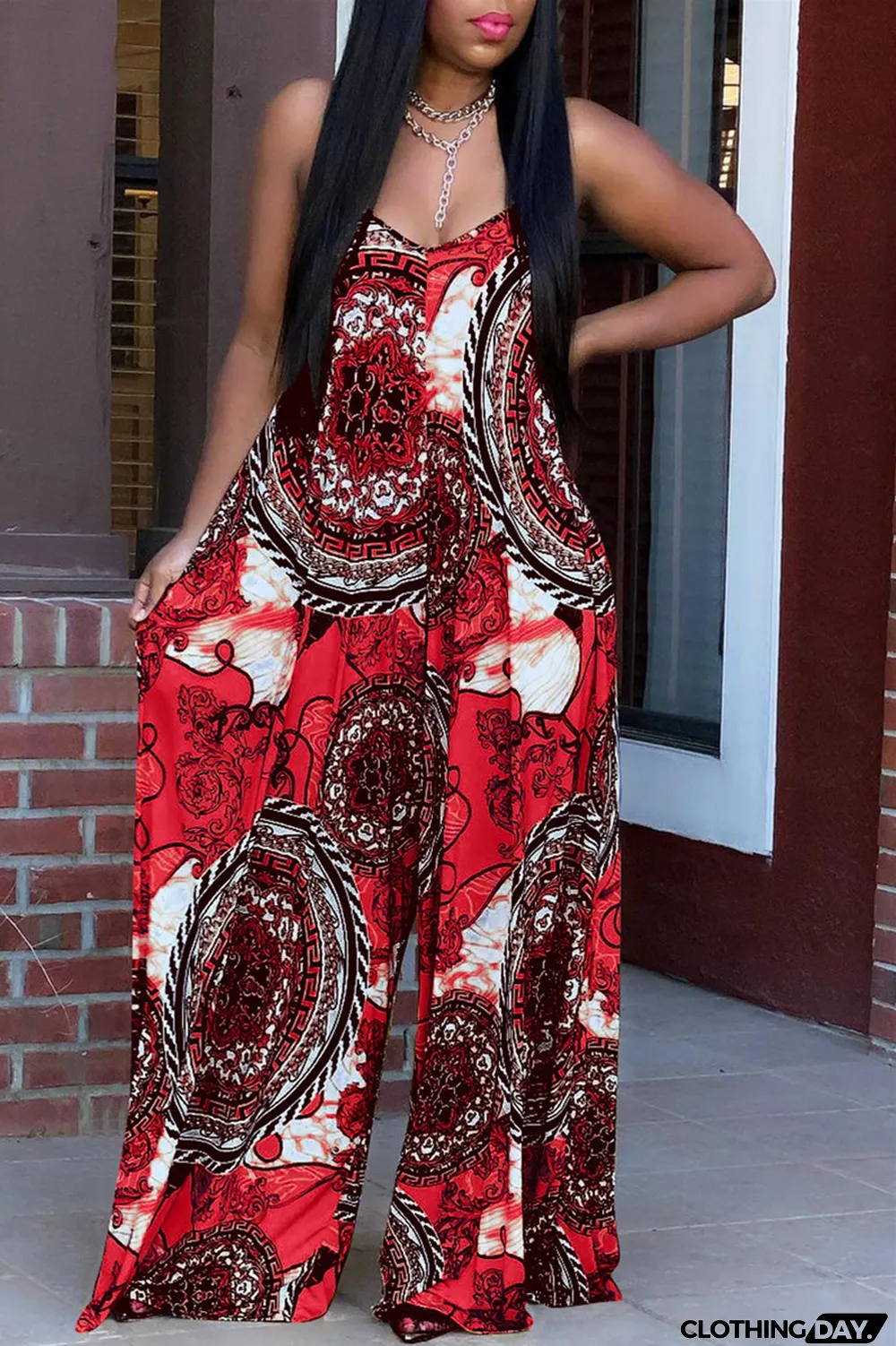 Yellow Sexy Casual Print Backless Spaghetti Strap Loose Jumpsuits