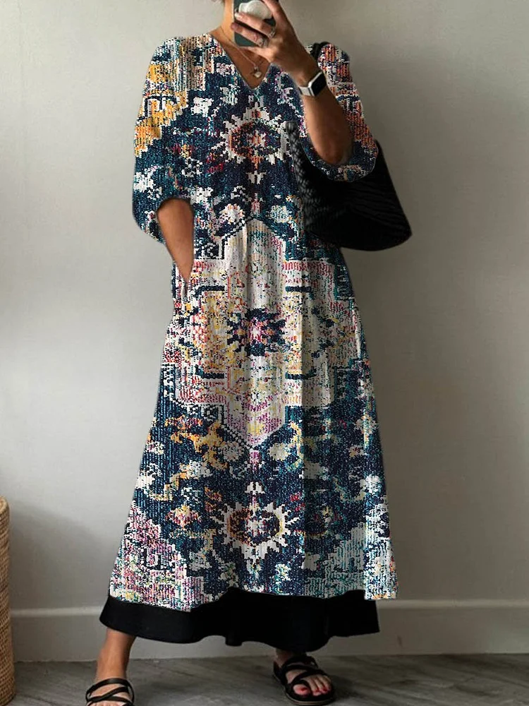 Women's Vintage Lovely Floral Art Print Pocket V-neck Cotton Dress