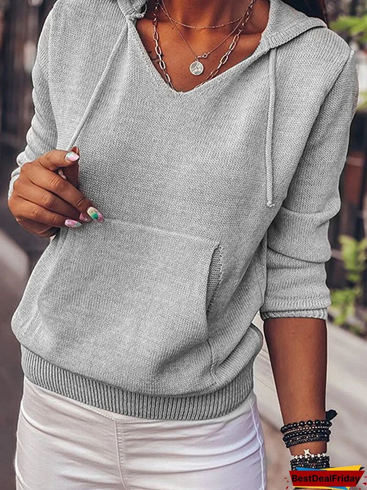 Women Solid Color Long Sleeve Hooded Casual Sweater With Pocket