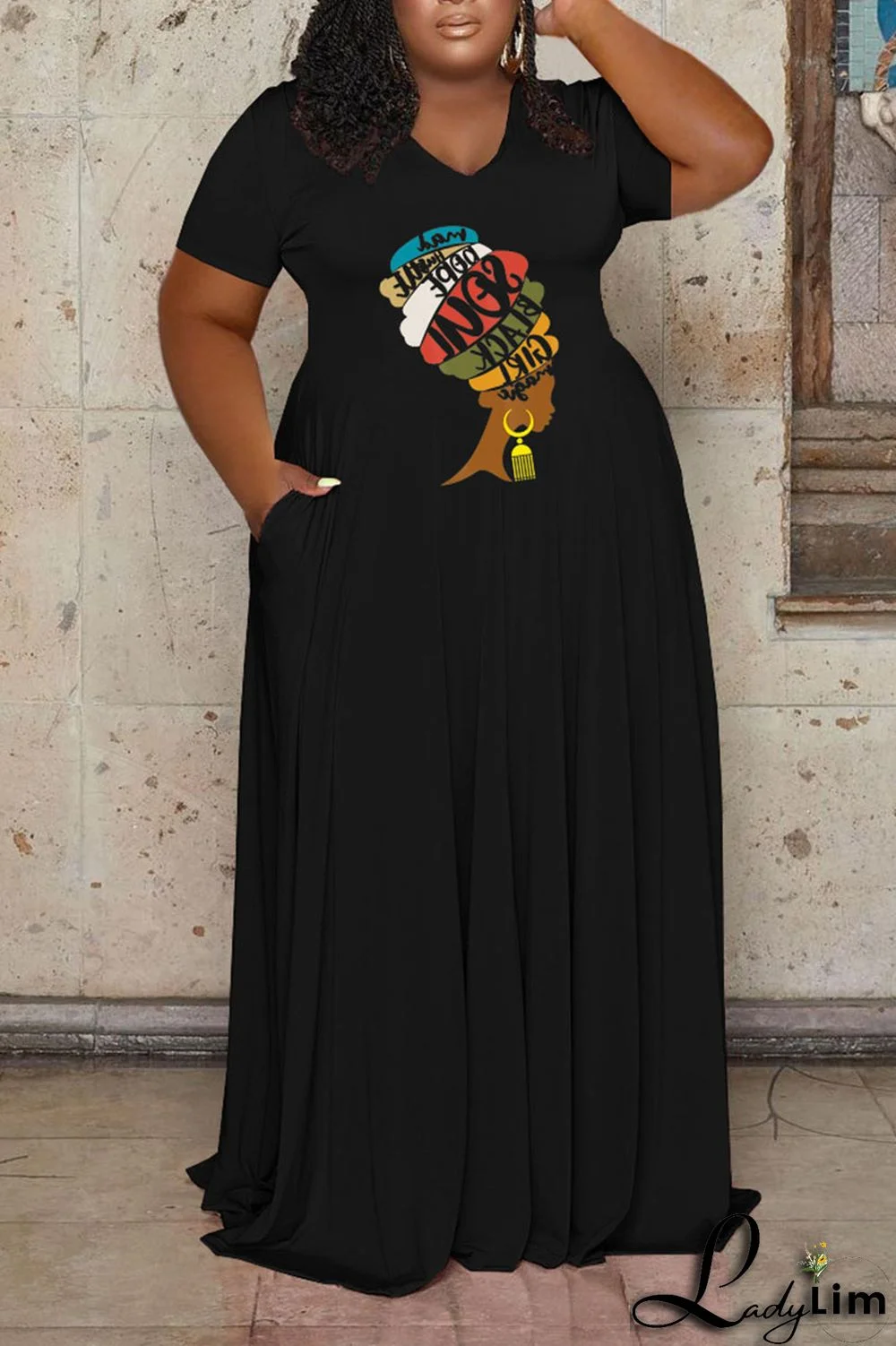 Black Casual Print Patchwork V Neck Straight Plus Size Dresses