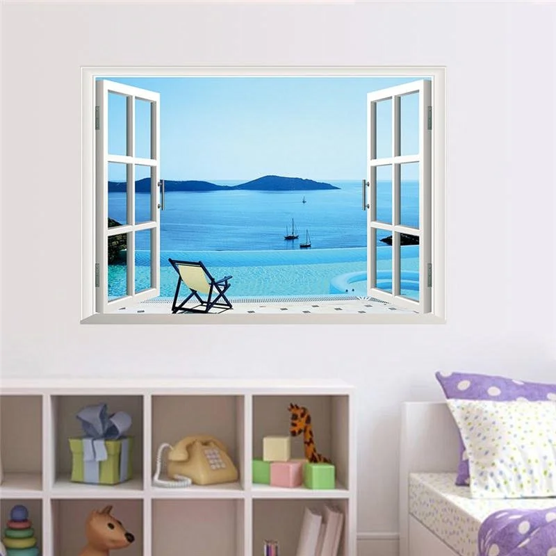 3D Window Wall Stickers For Living-room Bedroom Study Room Home Decor Scenery Sea Hill Animal Forest Space Pvc Mural Art Decals