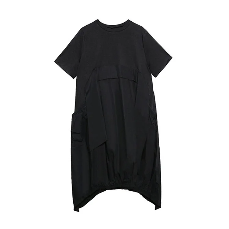 Irregular Pleated Hit Color Loose Covering Belly Pullover Short Sleeve Dress Summer  