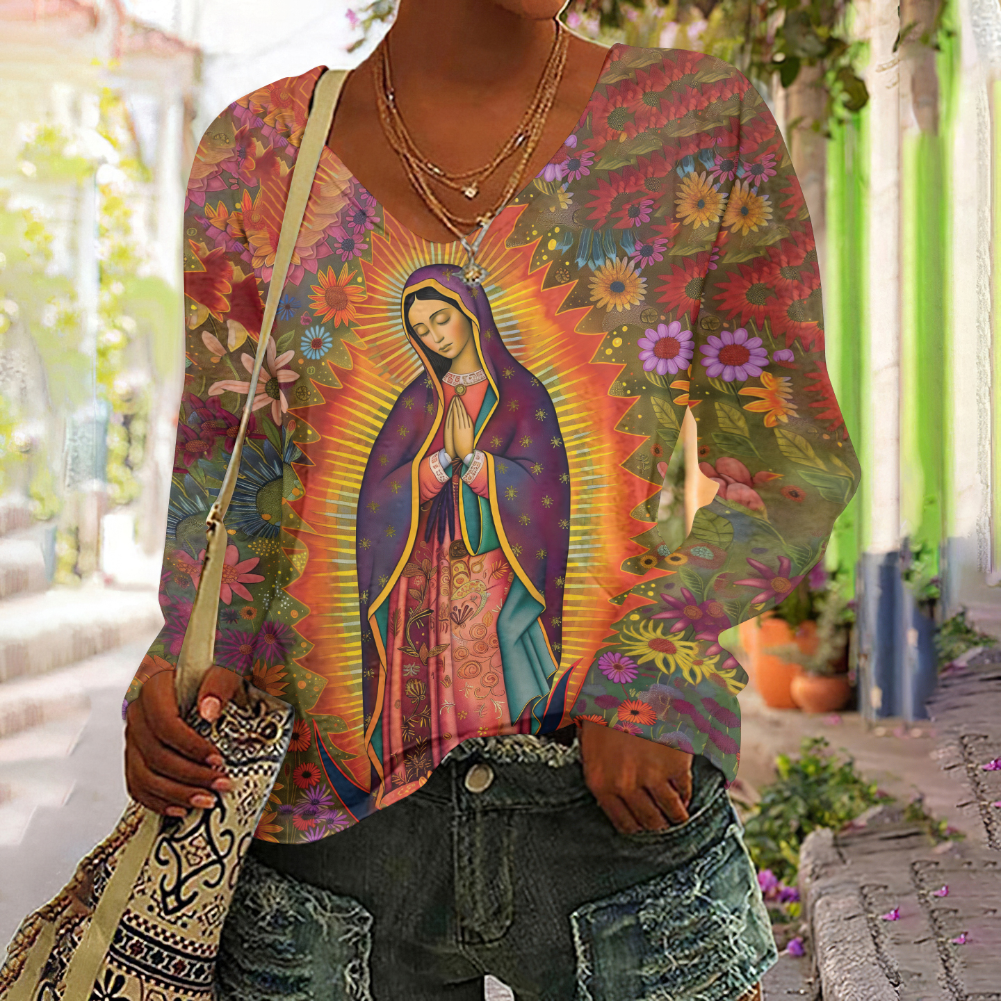 Comstylish Women's Virgin Mary Floral Pattern V-Neck T-Shirt