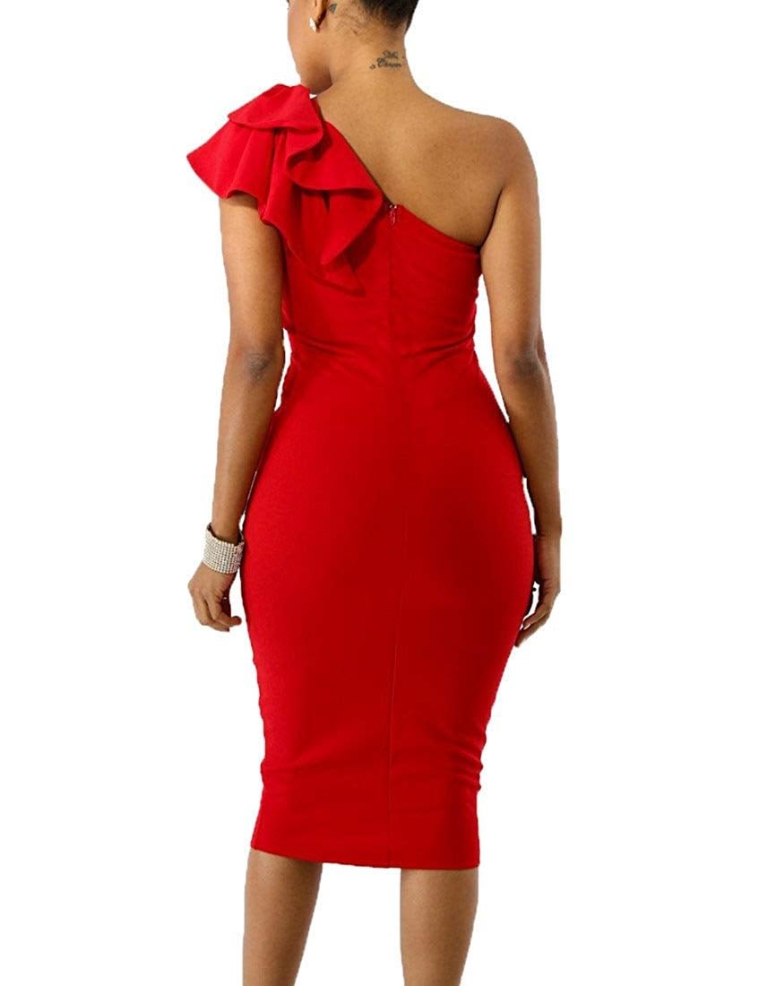 Women's Sexy Ruffle One Shoulder Sleeveless Bodycon Party Club Midi Dress