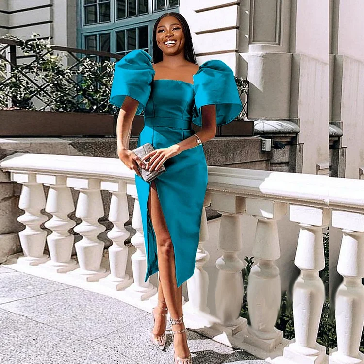 Promsstyle Straight neckline puff sleeve high side slit waist midi party dress Prom Dress 2023