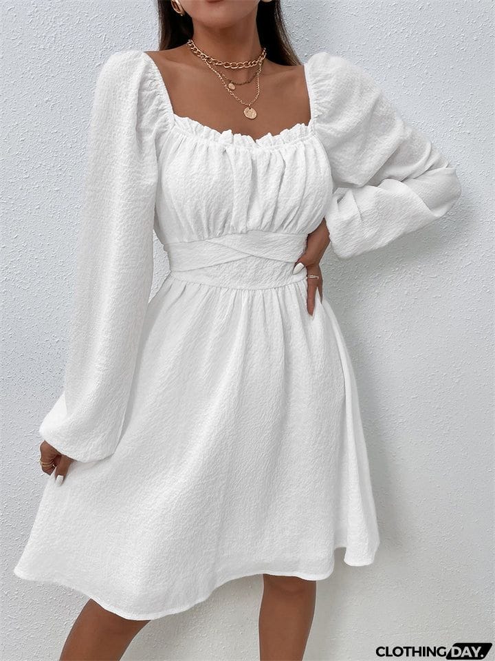 Temperament Trendy Lady Square Neck Long Sleeve High-waisted A-line Dress