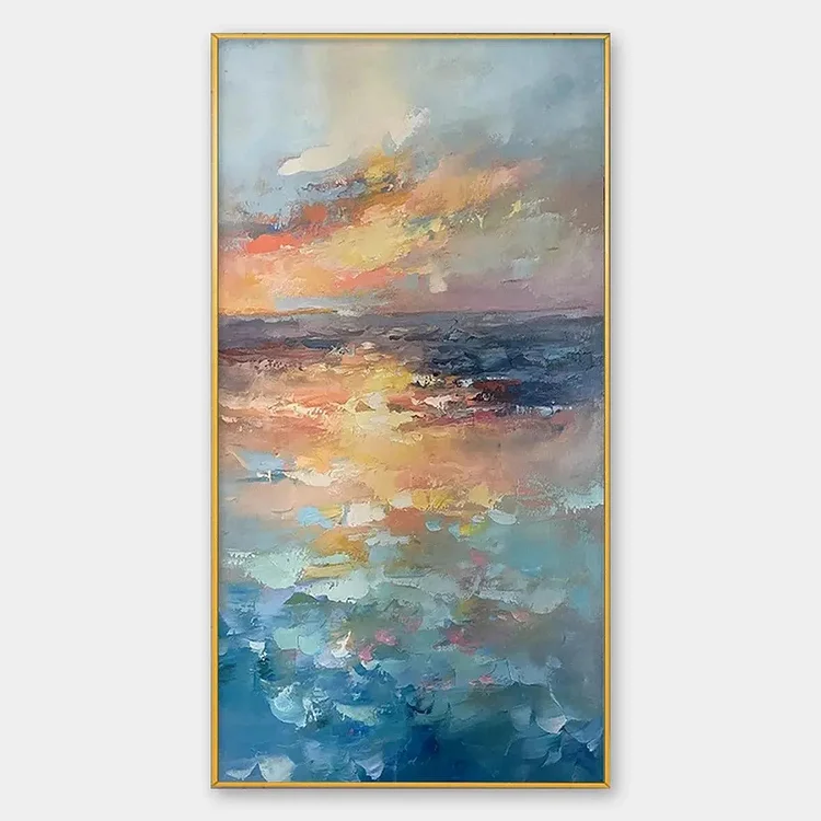 GOLDEN HOUR SEASCAPE: Ocean Painting, Sunset Wall Art, Impasto Texture, Vertical Canvas（Canvas painting）