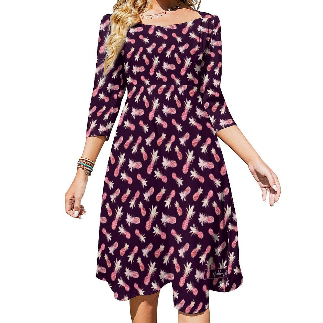 Beautiful And Exotic Pink Pineapples Watercolor Dress Sweetheart Tie Back Flared 3/4 Sleeve Midi Dresses