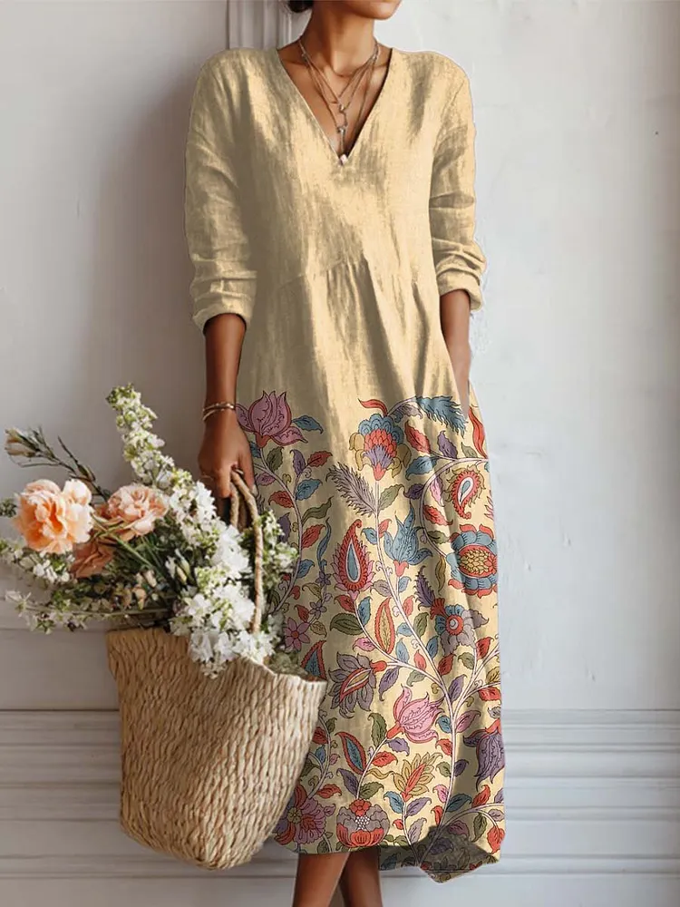 Women's Vintage Floral Art Print Cotton And Linen Pocket Dress