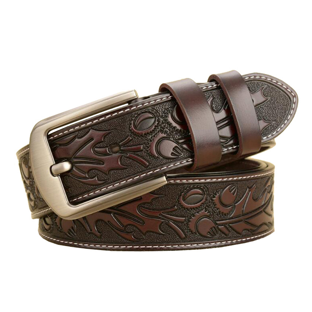 Western Leaves Embossed Leather Men Belt Fashion Jeans Pants Black Cofee Men Belt