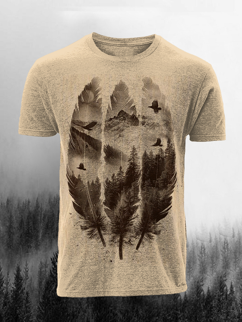 Three Feathers Mountain Eagle Print Short Sleeve T-shirt
