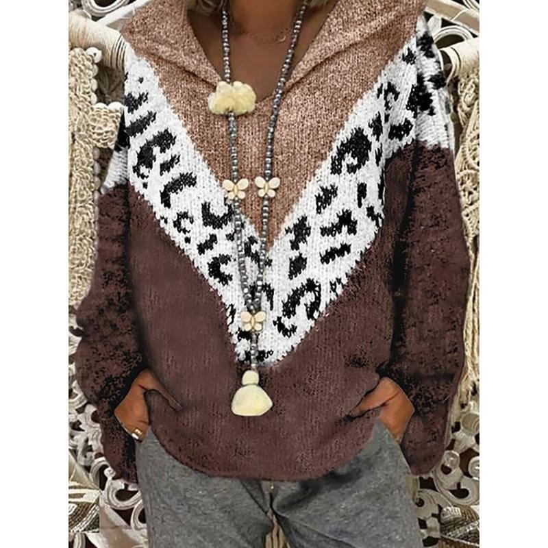 Leopard Plus Size Knitted Hooded Sweater | EGEMISS