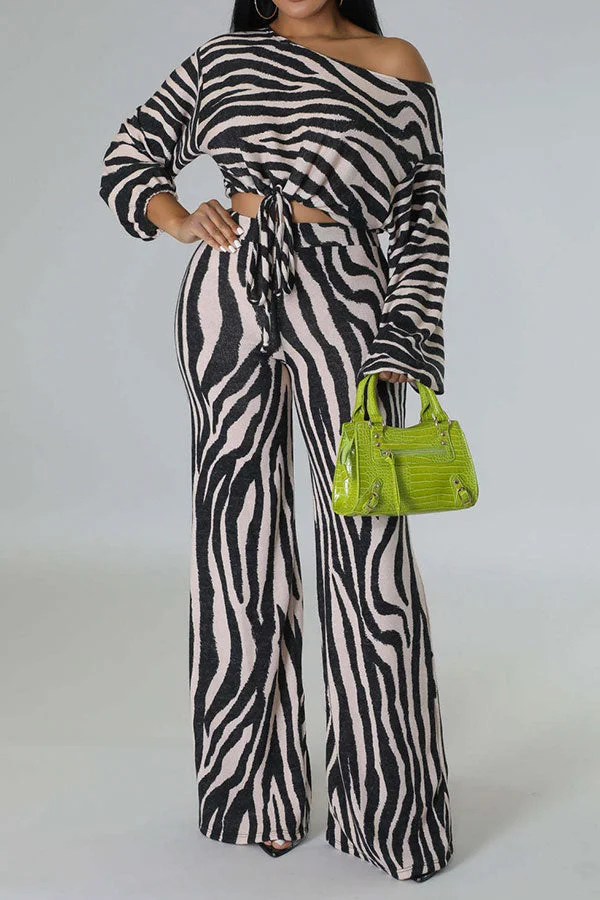 Zebra Print Feminine Drawstring Pant Suit