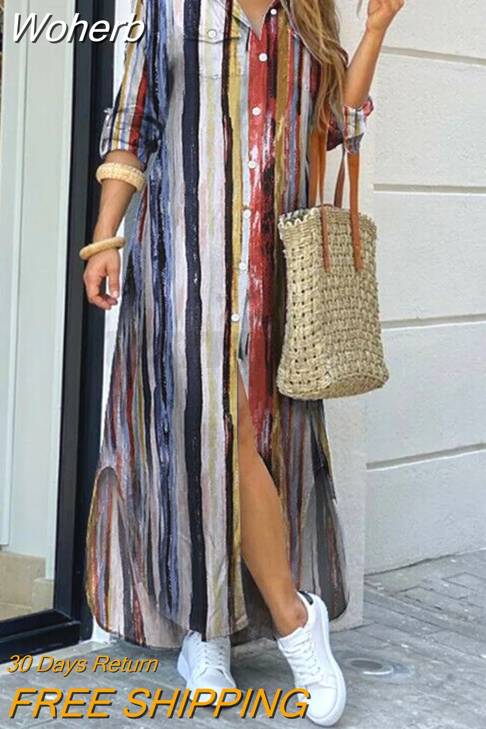 Woherb Dresses for Women S~5xl Scarf Chain Print Button Down Shirt Dress Y2k Vestidos De Mujer Casual Elegant Midi Robe Female-Outfit Ideas