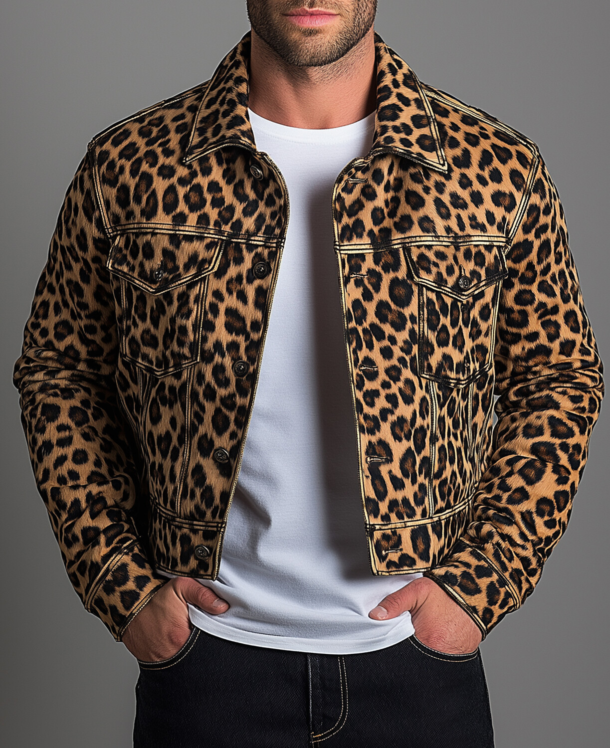 Okaywear Denim Metal Buckle Turndown Collar Leopard Pattern Jacket