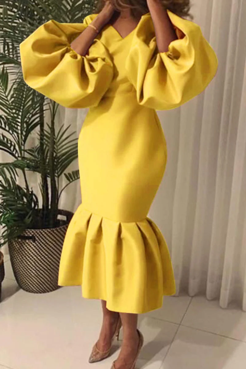 Yellow Fashion Sexy Solid Basic V Neck Evening Dress