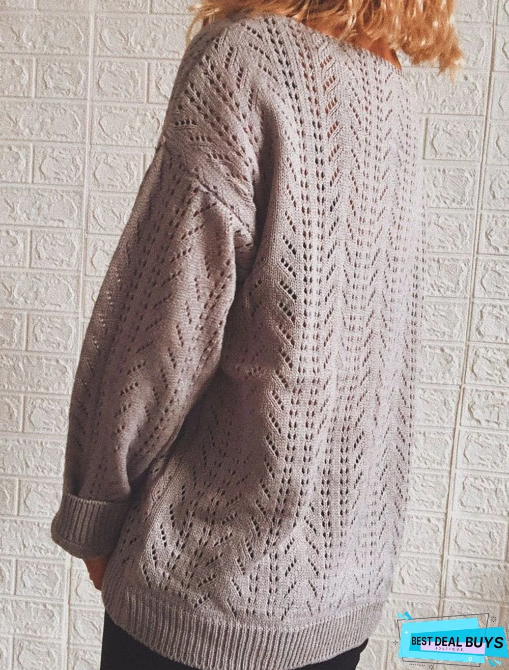 Knitted Solid Color V-Neck Long-Sleeved Sweater