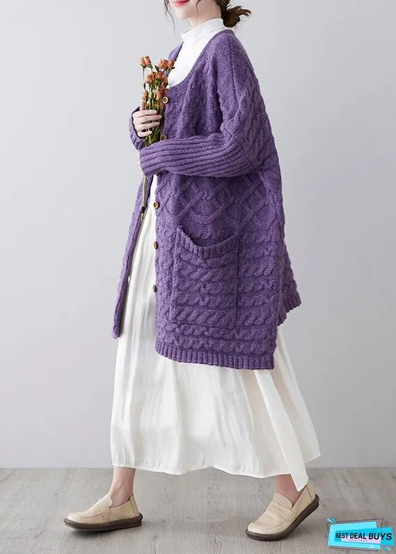 Unique Purple O-Neck Pockets Cozy Knit Cardigan Spring
