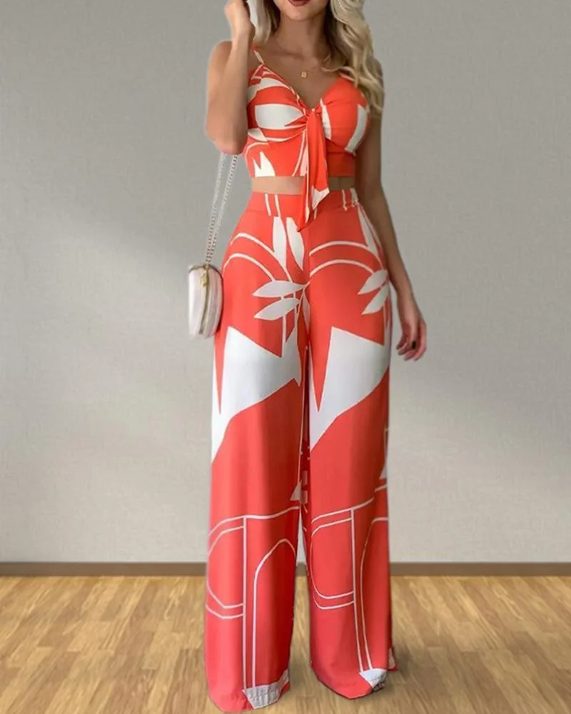 Sexy Bra Lace Up Loose Wide Leg Pants Printed Suit
