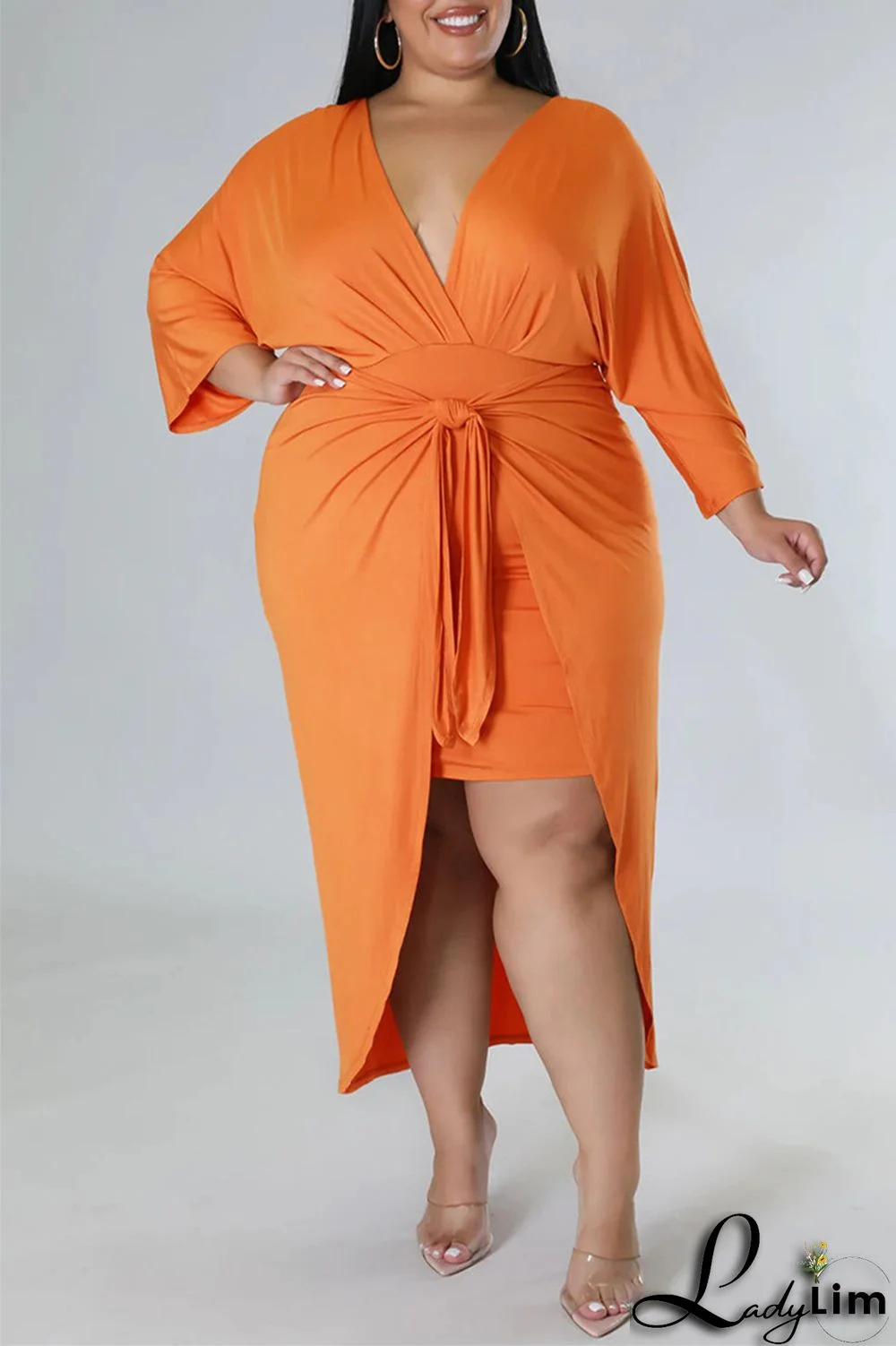 Orange Fashion Casual Solid Patchwork V Neck Long Sleeve Plus Size Dresses