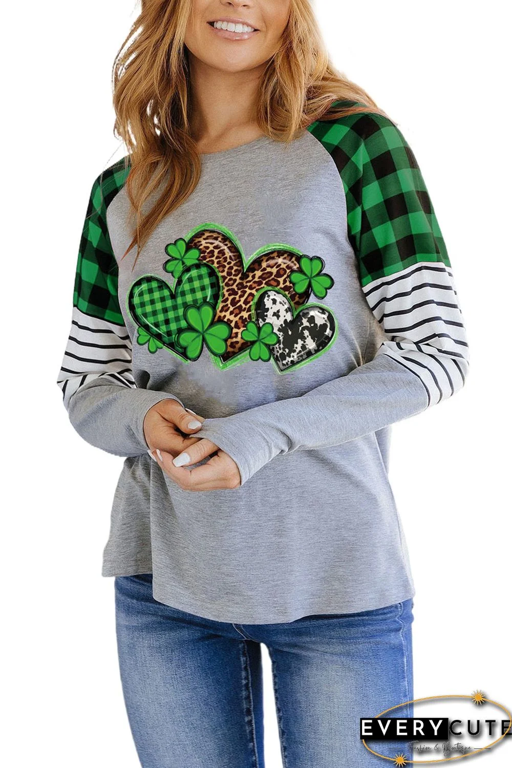 Green Multi Heart Lucky Clover Graphic Plaid Stripe Sleeve Top