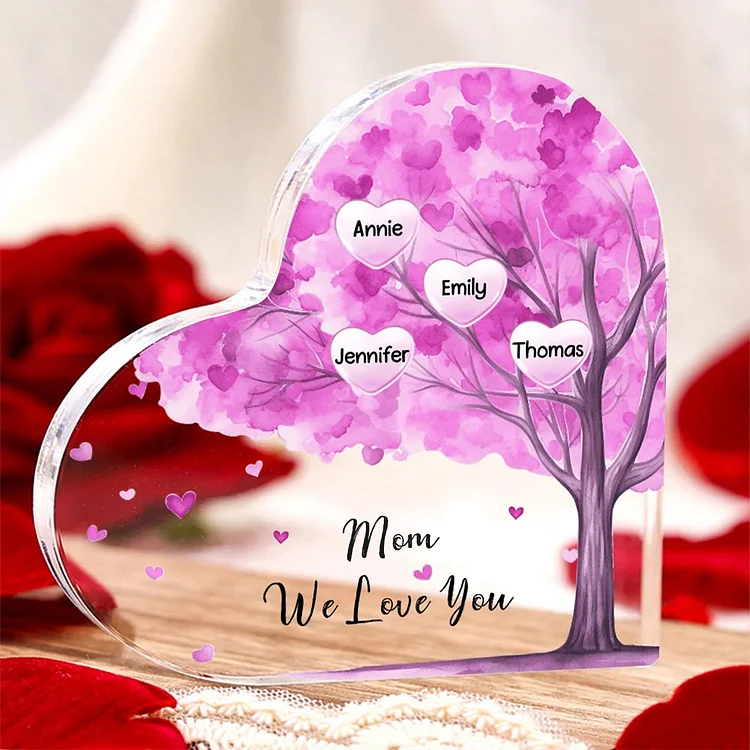 4 Names - Personalized Acrylic Heart Keepsake Custom Text Purple Tree Ornaments Gifts for Grandma/Mother