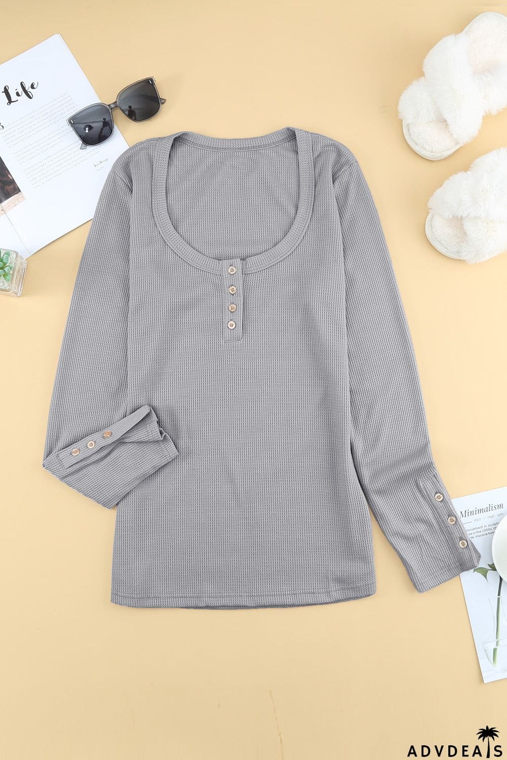 Scoop Neck Button Closure Ribbed Long Sleeve Top