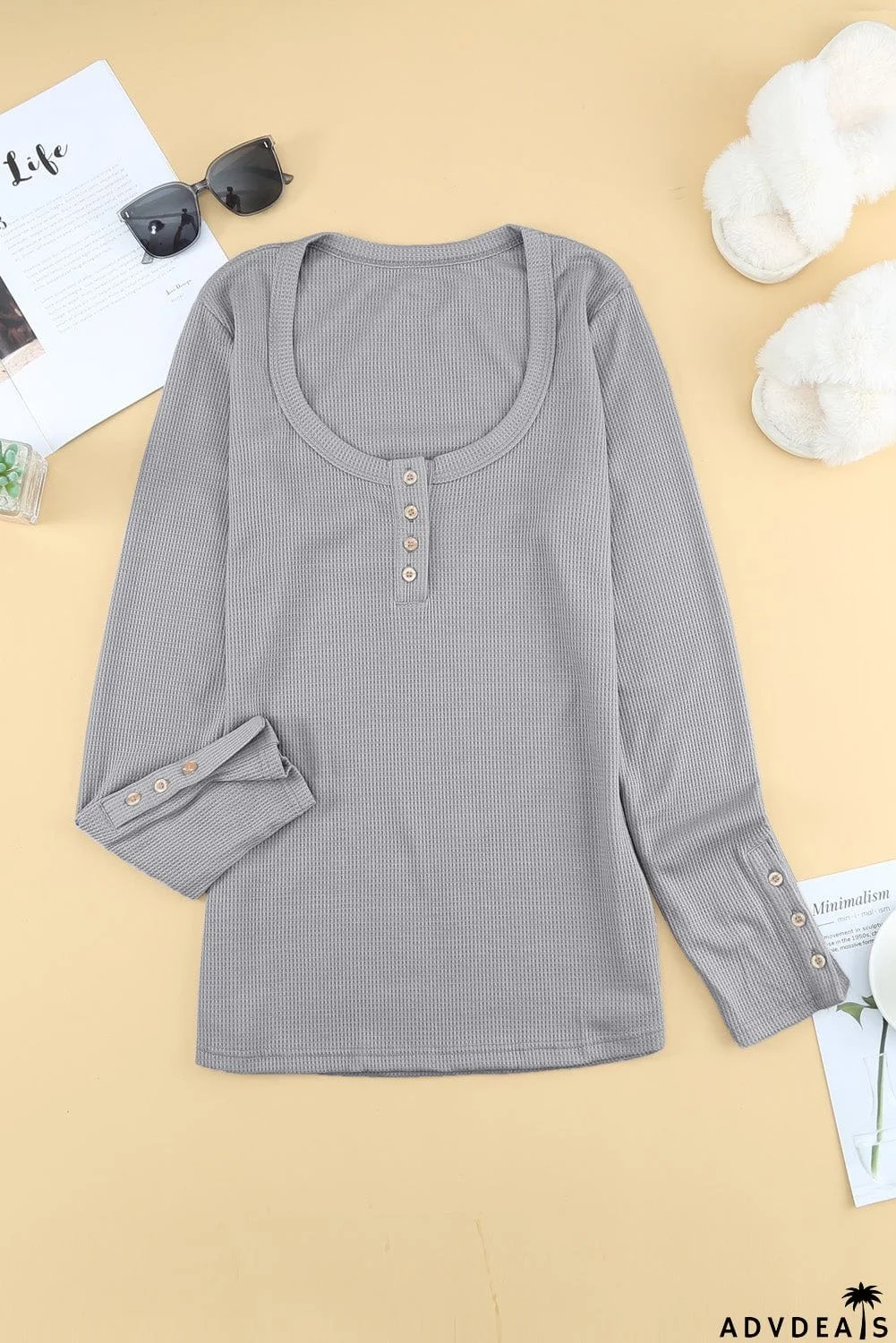 Scoop Neck Button Closure Ribbed Long Sleeve Top