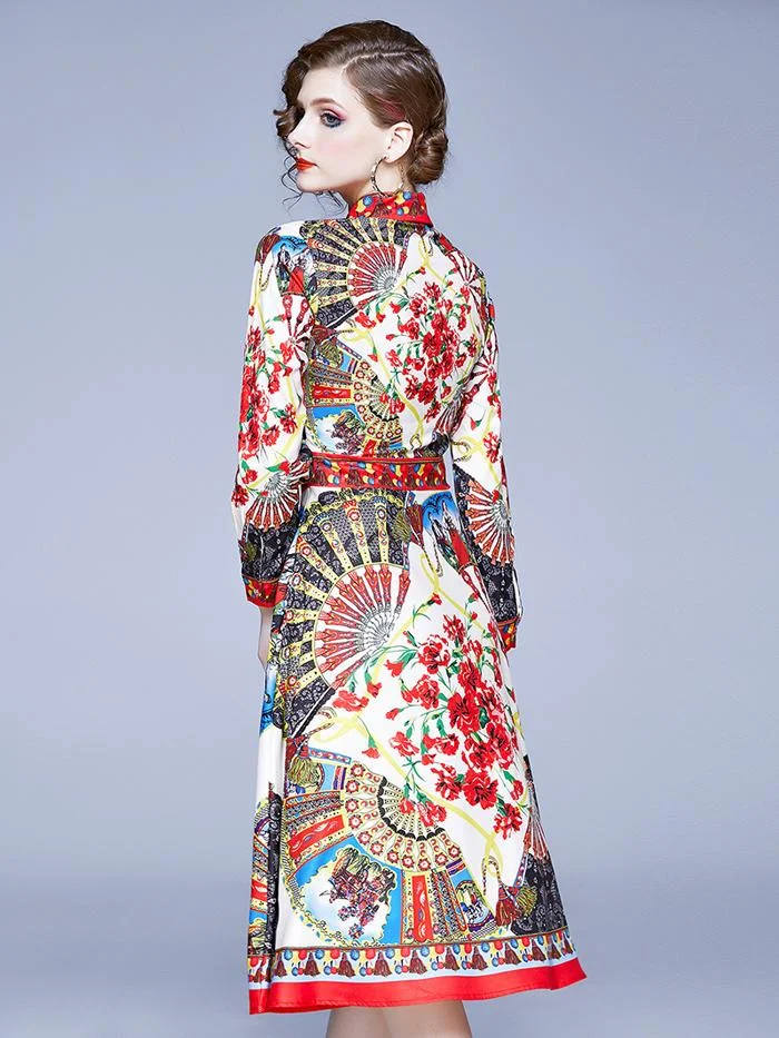 Lapel printed long-sleeved A-line dres