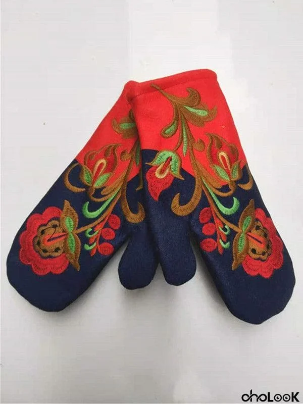 Casual Keep Warm Floral Embroidered Mittens