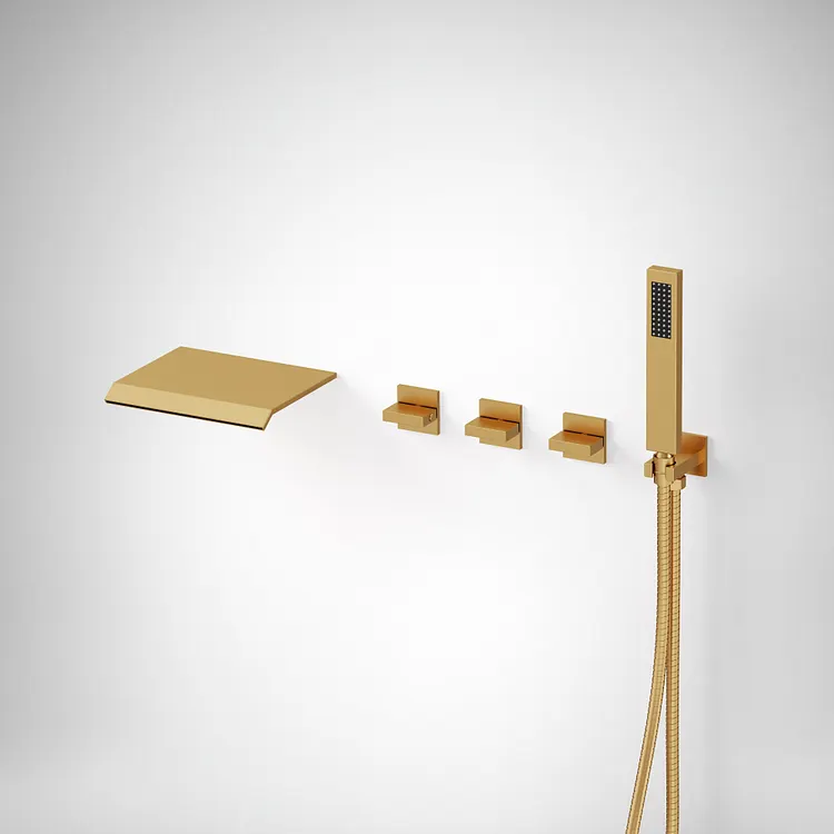 EVERSTEIN Three Handle Waterfall Bathtub Faucet in Brushed Gold, 6.25" Spout Reach