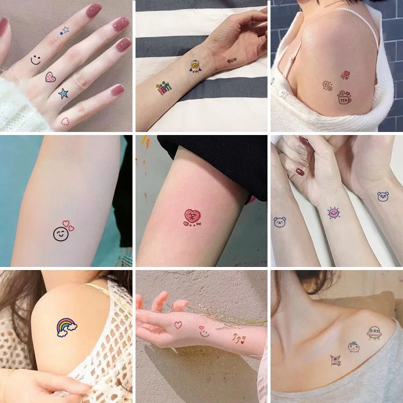 30pcs Cute Smile Colorful Temporary Tattoos for Women Men Figure Hands Fake Tatto Stickers Waterproof Small Cartoon Body Decals