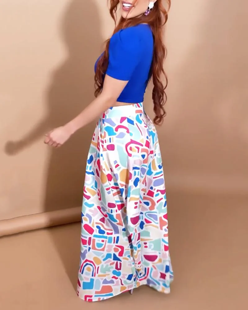 Two-piece set of solid color short-sleeved top & printed wide-leg pants