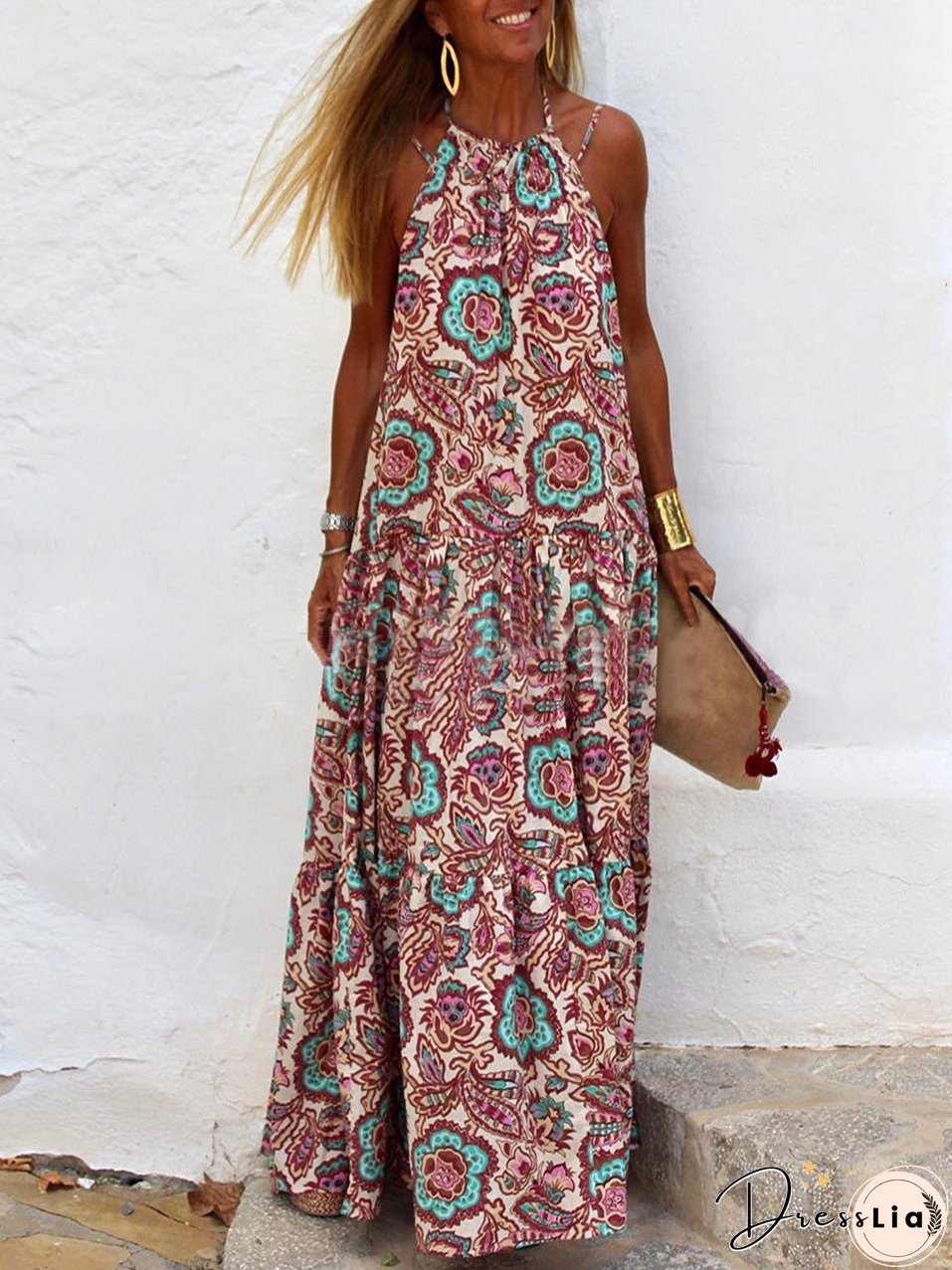 Printed Sleeveless Sling V-Neck Swing Dress