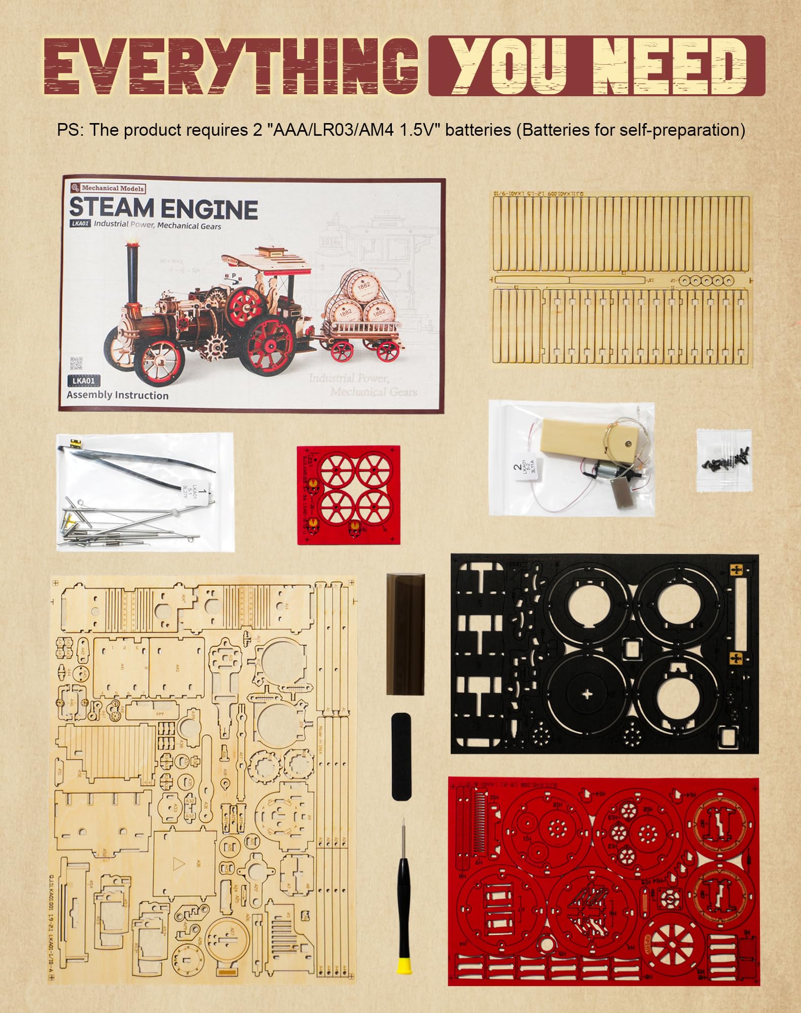 Tegooe 469PCS 3D Wooden Puzzle Mechanical Steam Engine Tractor Model Kit