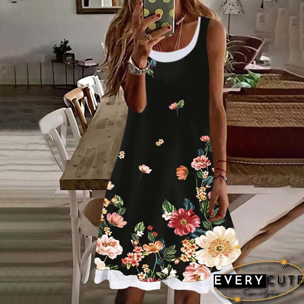 Women's Dress Summer New Fashion Women's Flowers Fake Two Pieces Printed Sleeveless Casual Soft and Comfortable Plus Size Dress S-5XL
