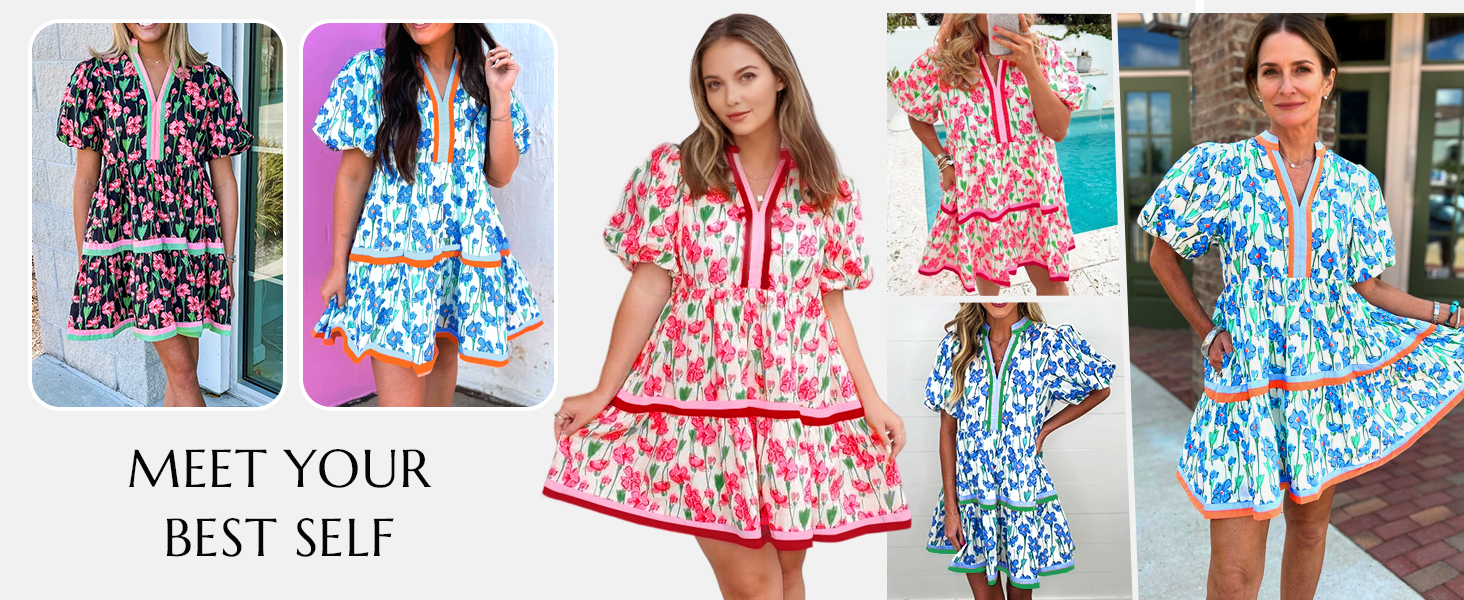 Cicy Bell Womens V Neck Floral Mini Dress Short Puff Sleeve Patchwork Summer Casual Boho Dresses