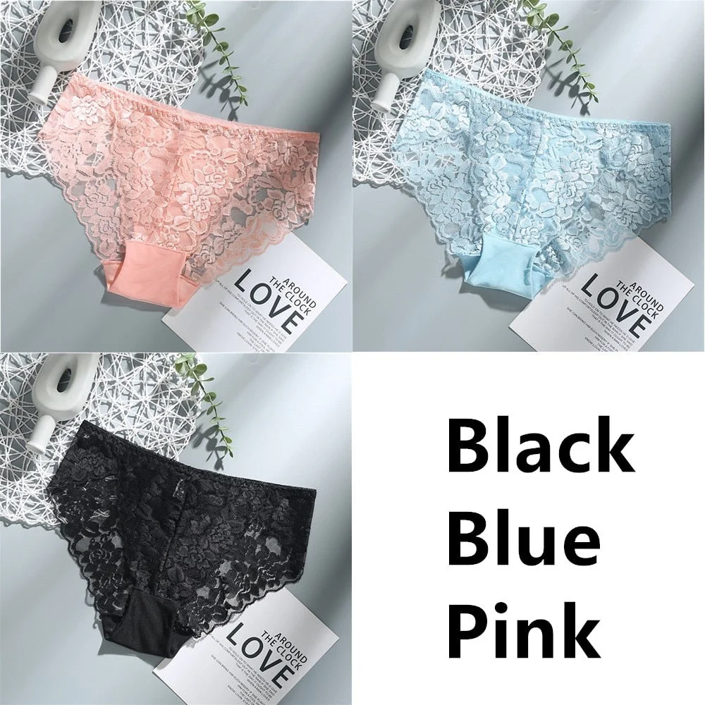 3Pcs Sexy Low Waist Women's Underwear Lace Plus Size Seamless Panties Breathable Lingerie Female Briefs Solid Hollow Underpants