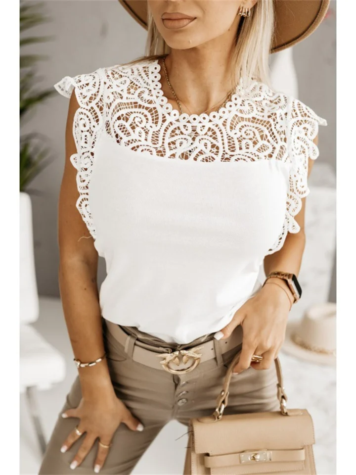 New Lady Sweet Lace Lace Shoulder Ruffle Collar Solid Color Slim Type Sexy Style Hollow Sleeveless Lace Pullover T-shirt-Cosfine