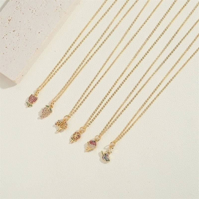 Copper 14K Gold Plated Vintage Style Minimalist Commute Inlay Ice Cream Tree Flower Zircon Pendant Necklace