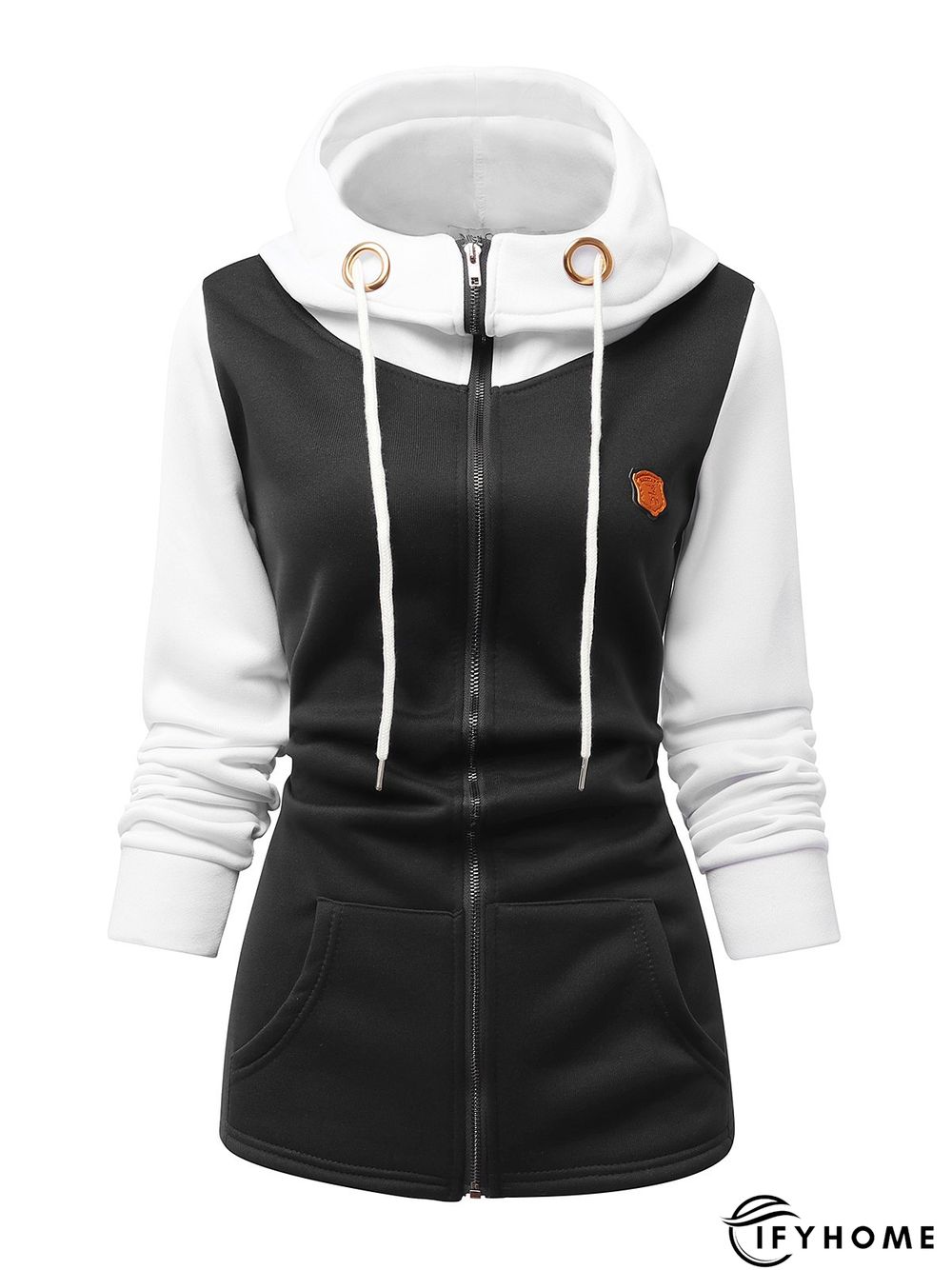 Black Hoodie Cotton-Blend Casual Color-Block Outerwear | IFYHOME