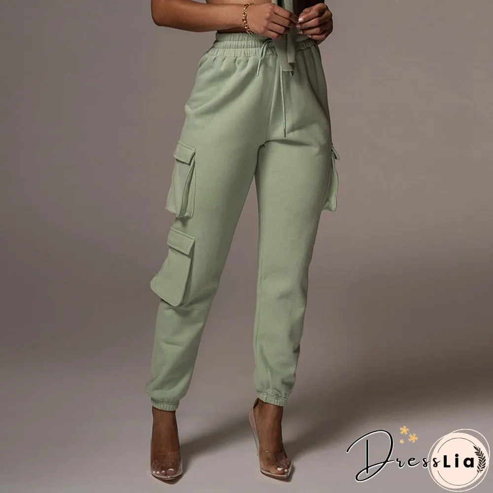 Sporty Crop Top and Pocket Detail Jogger Tracksuit Pant Set